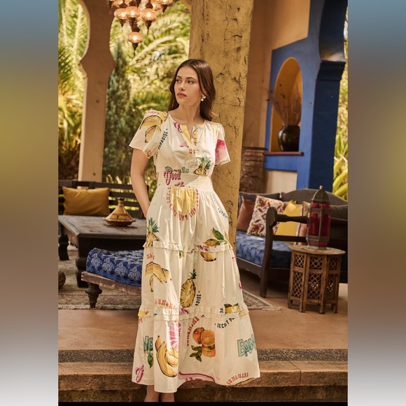 SugarLips Zahra Island Palmer Poplin Tiered Maxi Dress Ivory Multi - Picture 1 of 9